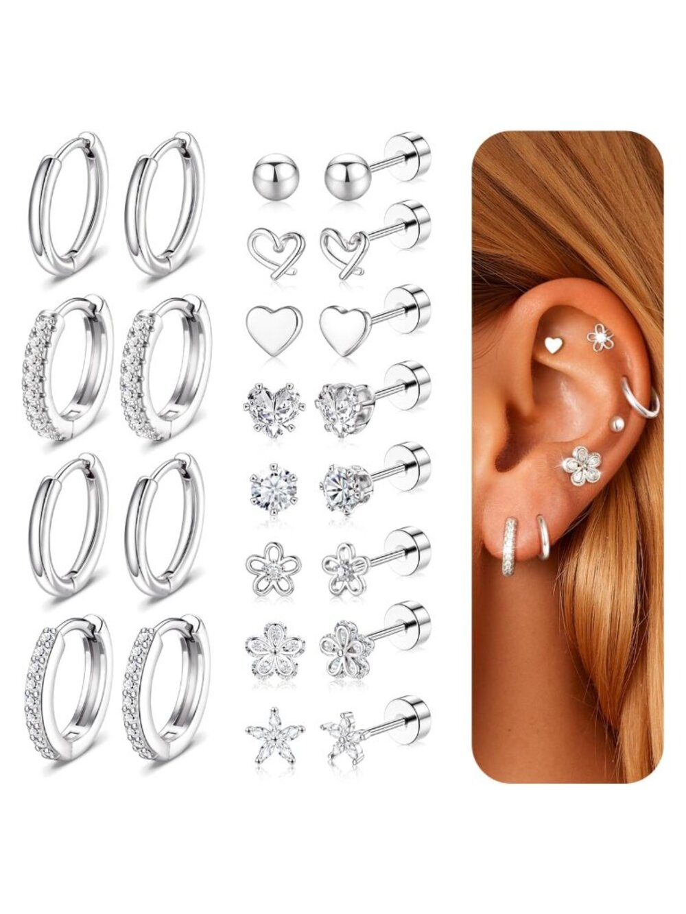 14k Gold Plated Surgical Stainless Steel Flat Back Stud Earrings Set